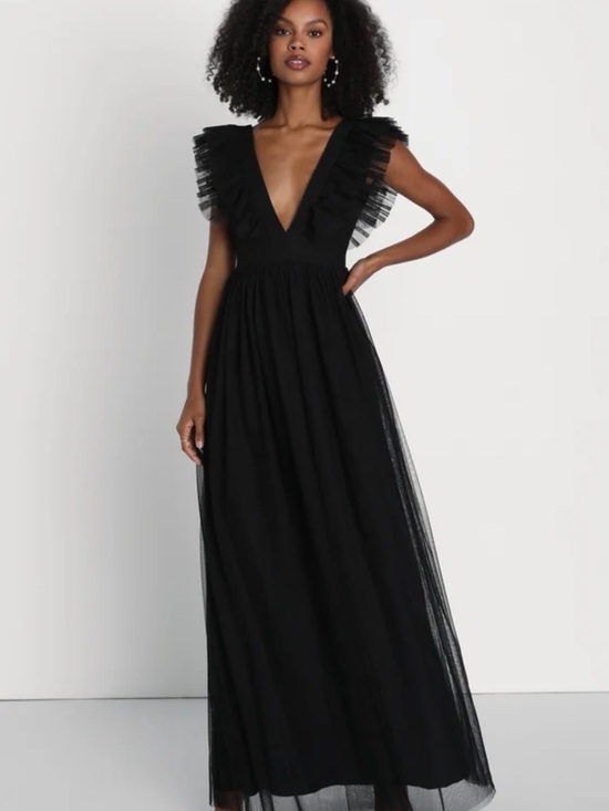 Lulus Dresses & Skirts - Lulu's Black Deep V Ruffle-Trim Maxi Dress